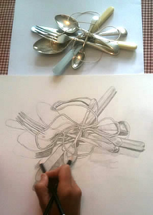 observational drawing of forks